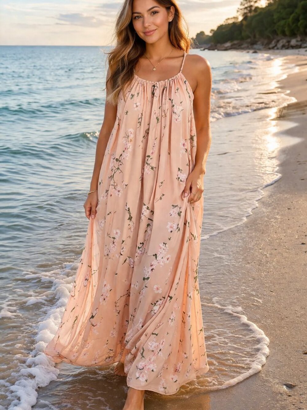 Abercrombie & Fitch Peach Floral Maxi Dress Pink Blossom High Neck Tie Back Med